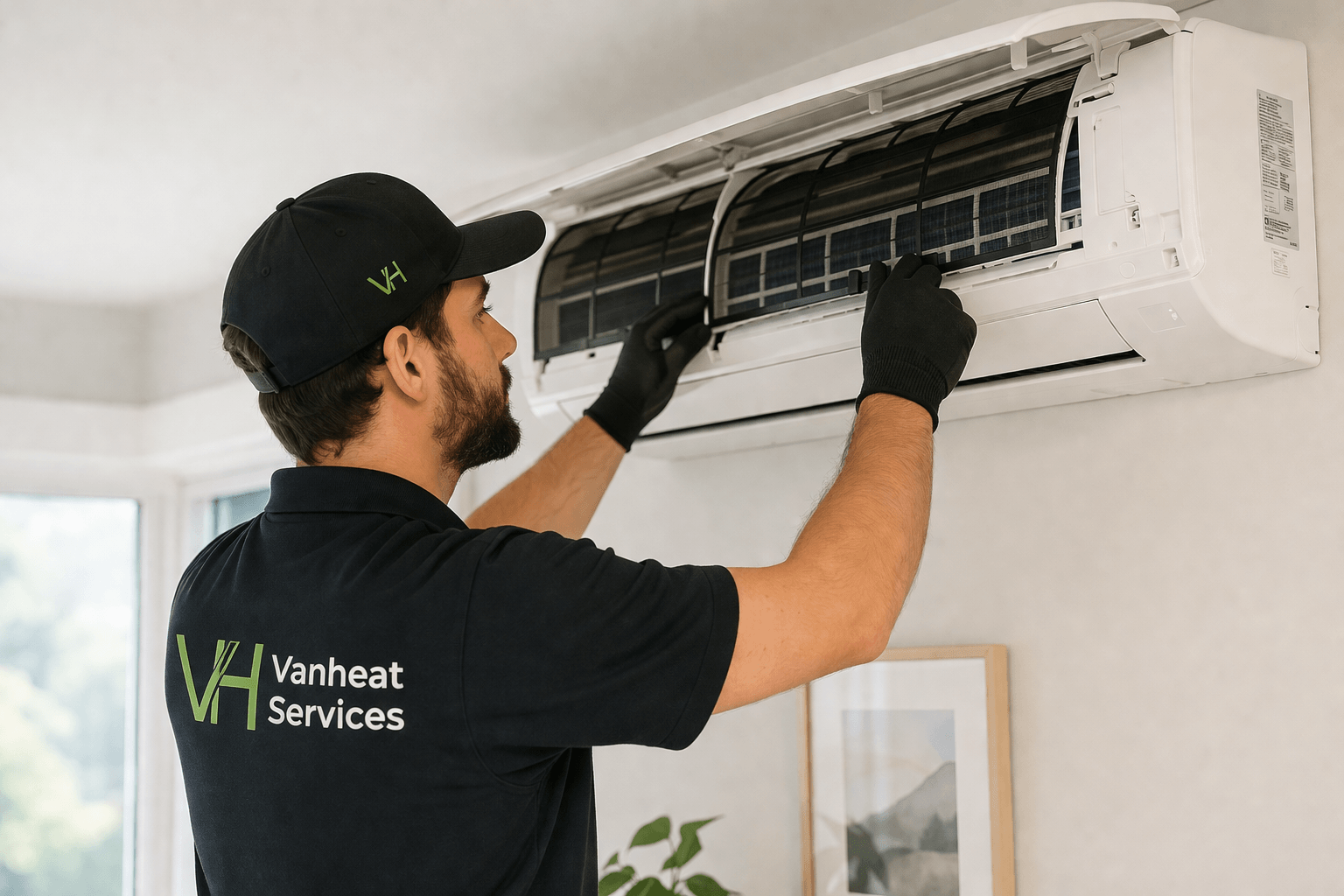 Vanheat Services technician installing a ductless mini-split heat pump in a Vancouver home for year-round heating and cooling