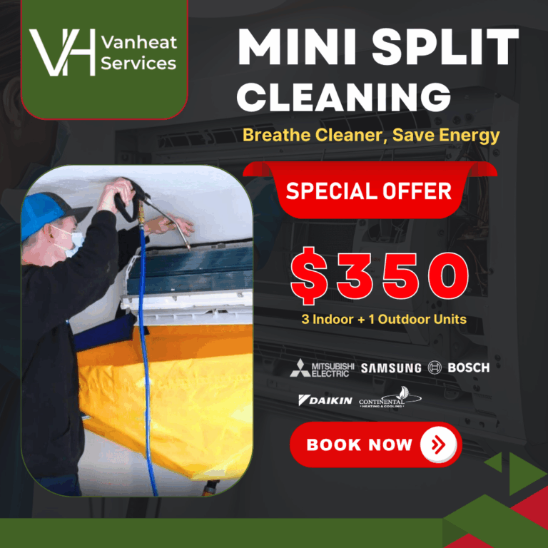 A promotional image for Vaheat services offering mini-split cleaning.