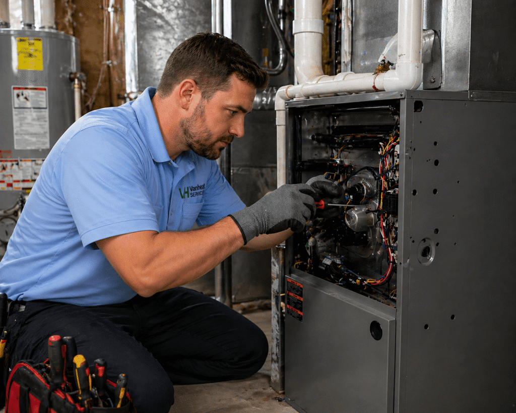 heating and AC repair by Vanheat technician servicing residential furnace in Abbotsford