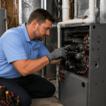 heating and AC repair by Vanheat technician servicing residential furnace in Abbotsford