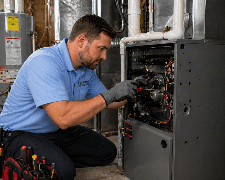 heating and AC repair by Vanheat technician servicing residential furnace in Abbotsford