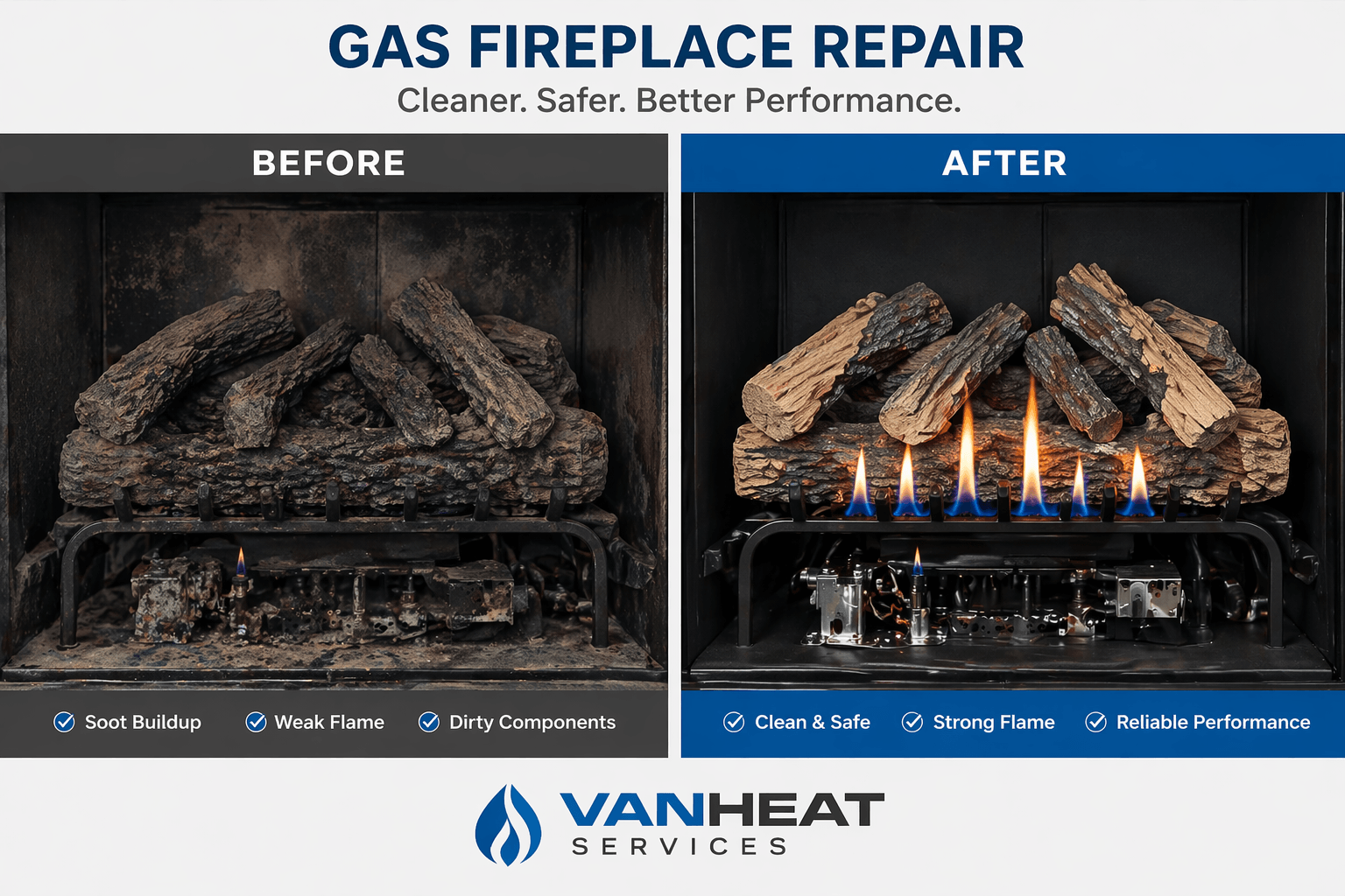 Gas fireplace repair before and after comparison by Vanheat Services Vancouver showing restored flame and clean glass