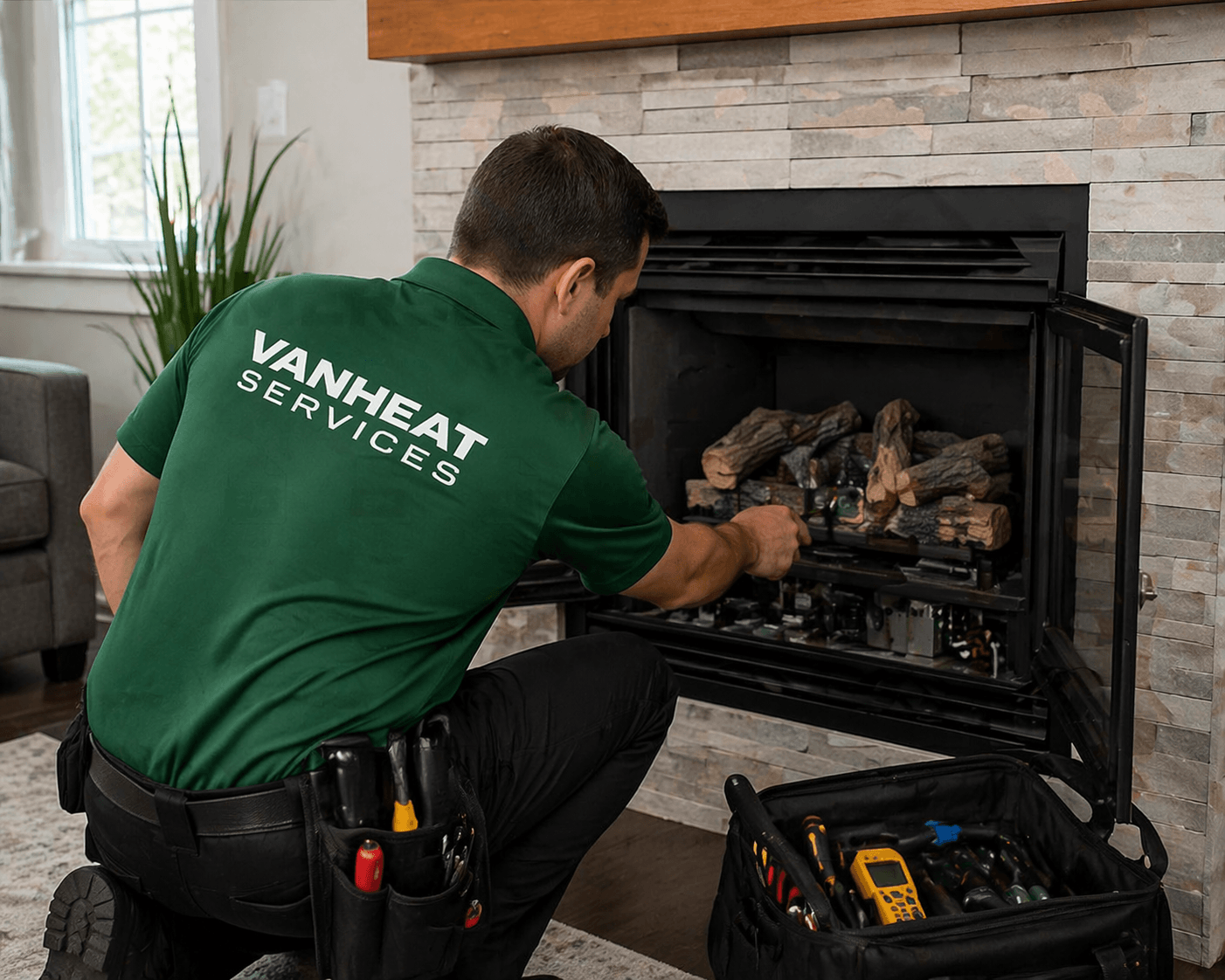 Vanheat Services Red Seal certified gas fitter performing gas fireplace repair in Vancouver