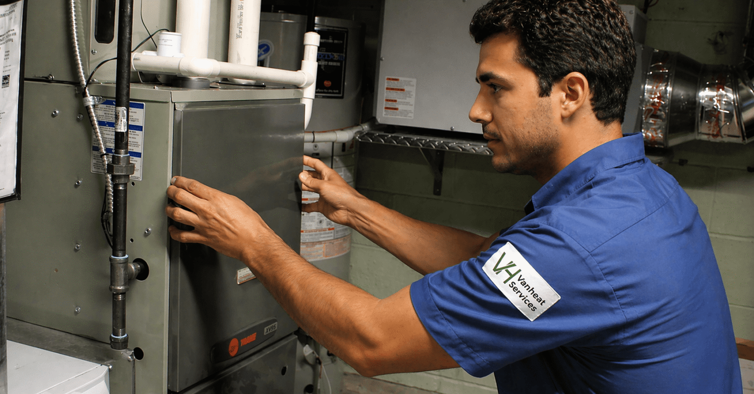 Vanheat Services Red Seal certified technician performing furnace repair in a Metro Vancouver home